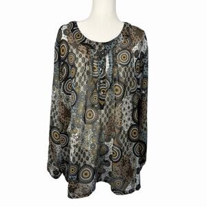 Vintage Womens Semi-Sheer Tunic Blouse Blue Gray Brown Print 3X Office Casual